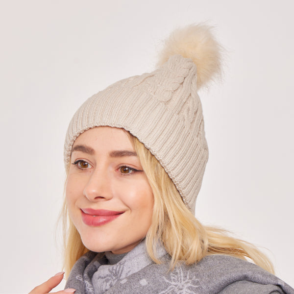 Chapeau Pom Pom tricoté par câble pour adulte avec doublure en fausse fourrure