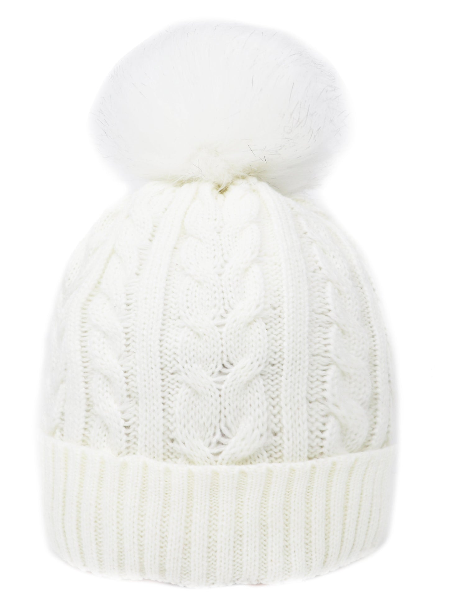 Chapeau Pom Pom tricoté par câble pour adulte avec doublure en fausse fourrure