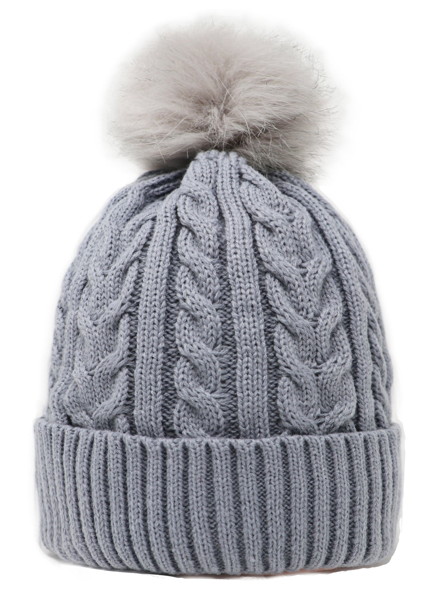 Chapeau Pom Pom tricoté par câble pour adulte avec doublure en fausse fourrure