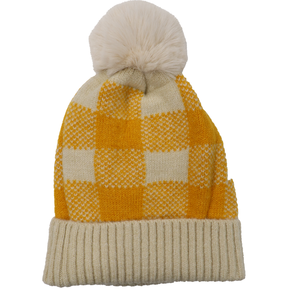 Bonnet doublé à carreaux avec pompons
