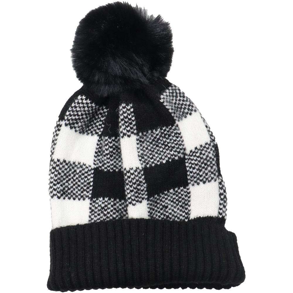 Bonnet doublé à carreaux avec pompons