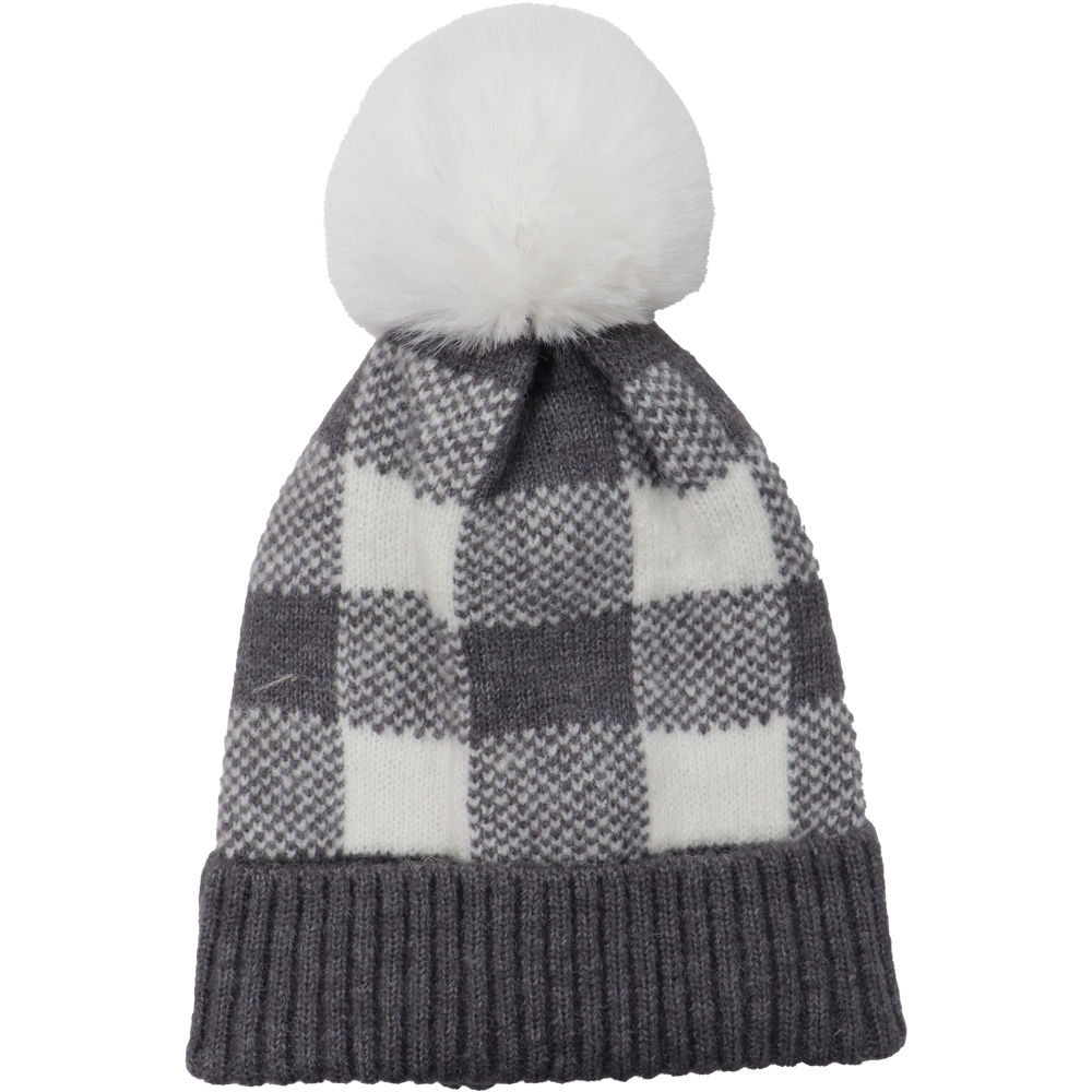 Bonnet doublé à carreaux avec pompons