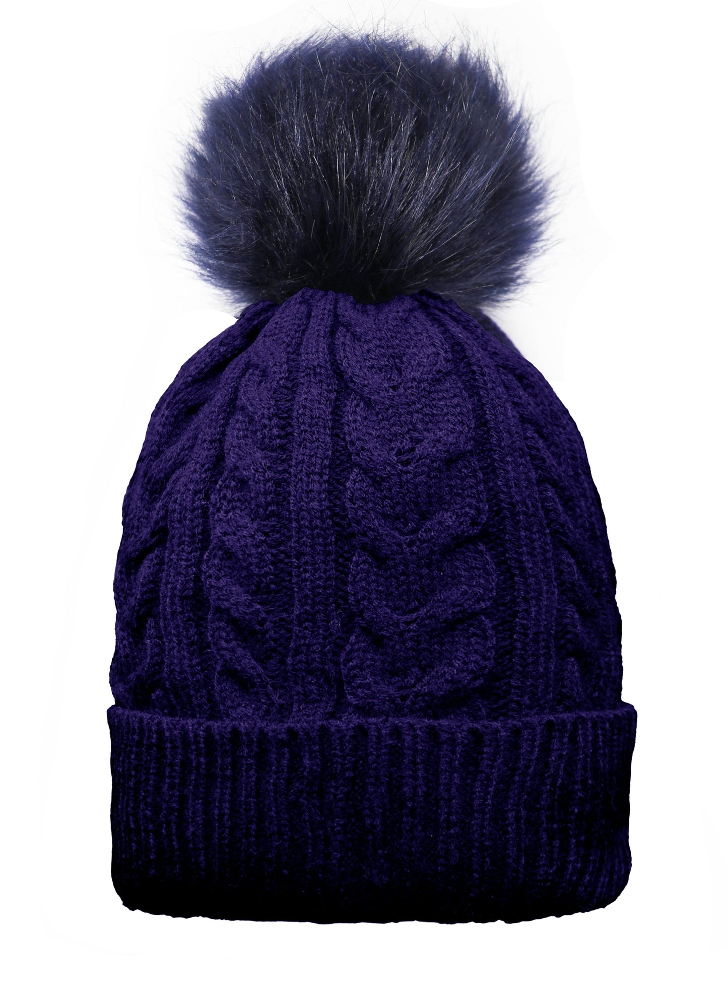 Chapeau Pom Pom tricoté par câble pour adulte avec doublure en fausse fourrure