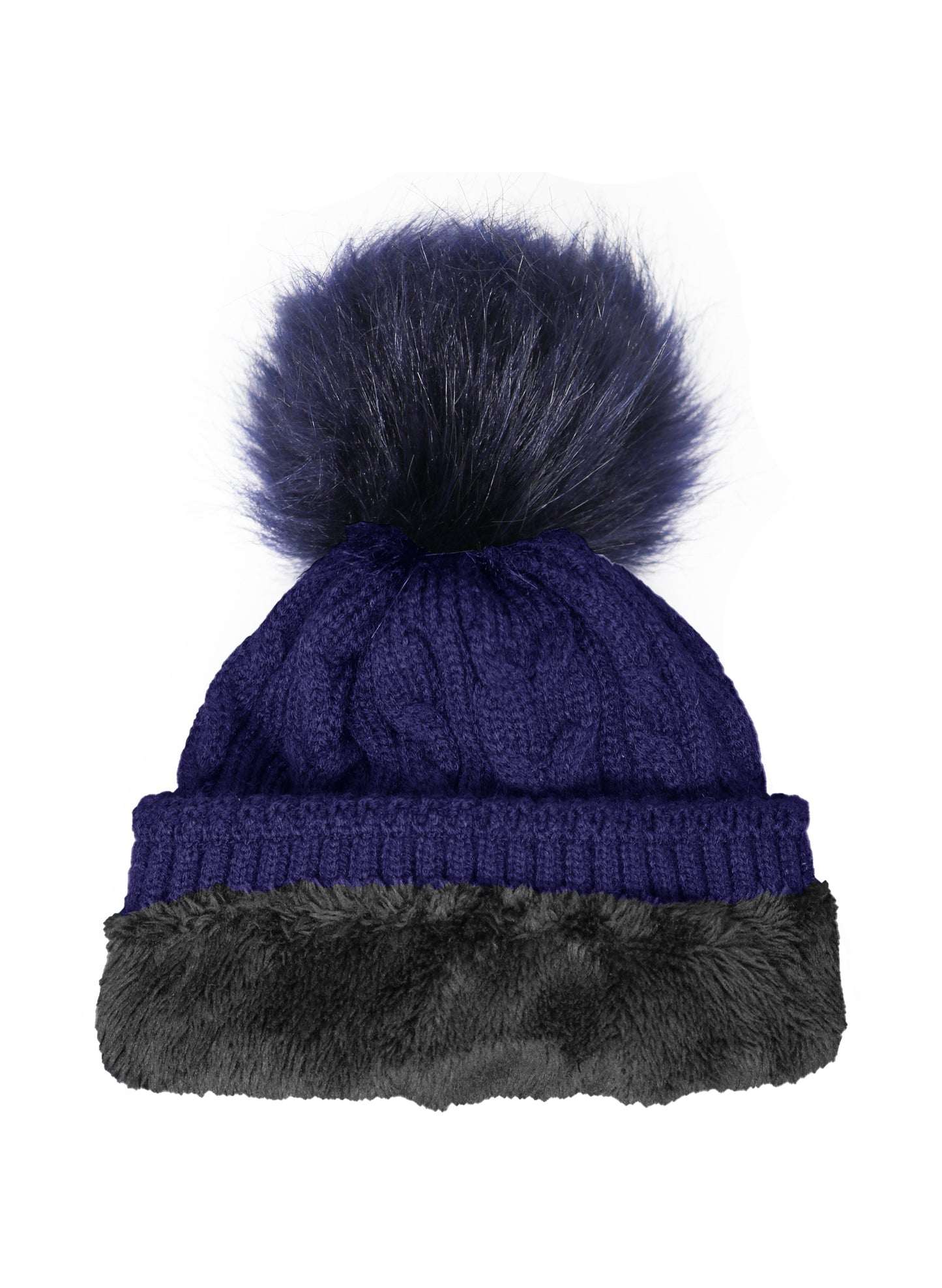 Chapeau Pom Pom tricoté par câble pour adulte avec doublure en fausse fourrure
