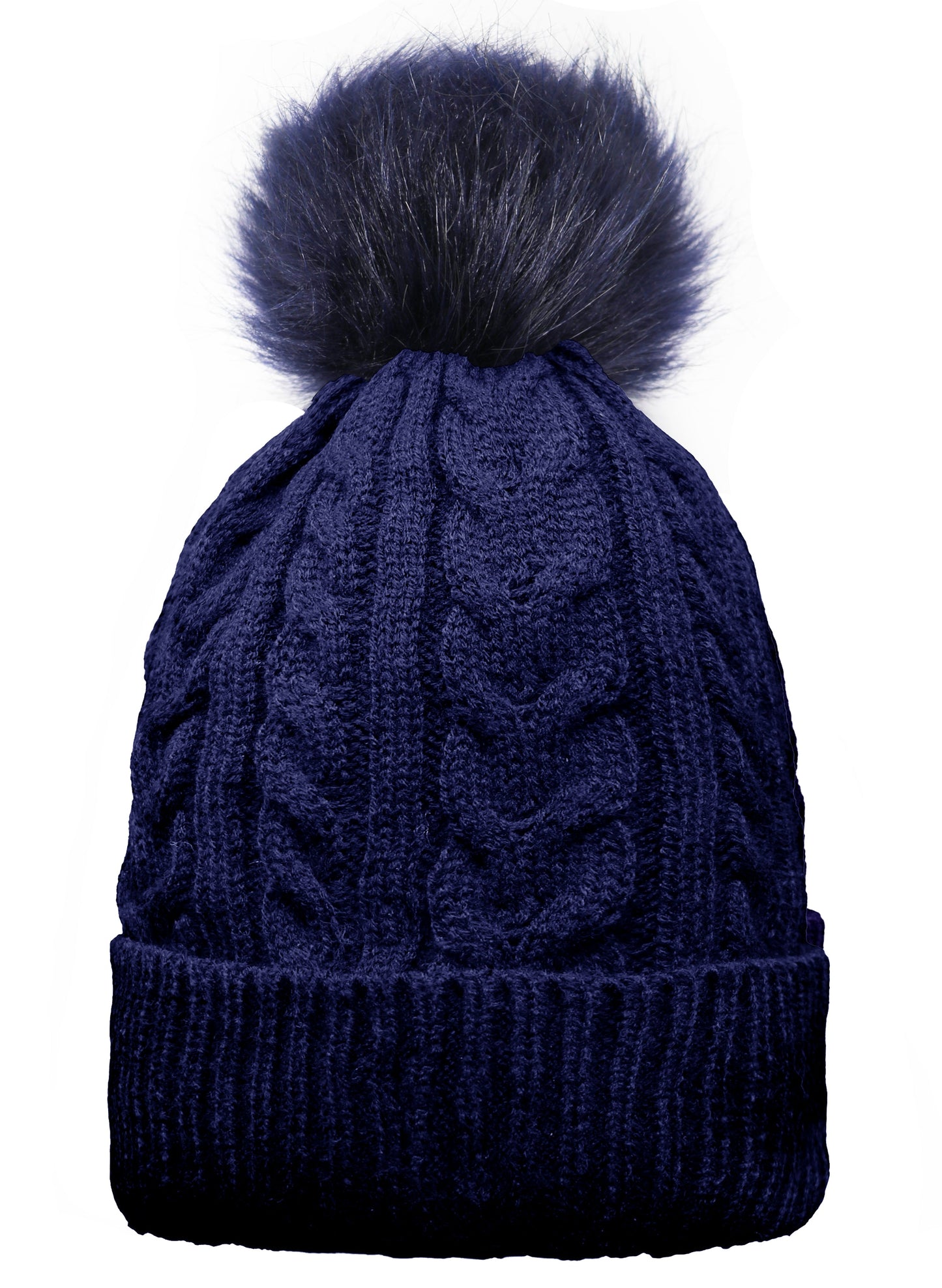 Chapeau Pom Pom tricoté par câble pour adulte avec doublure en fausse fourrure