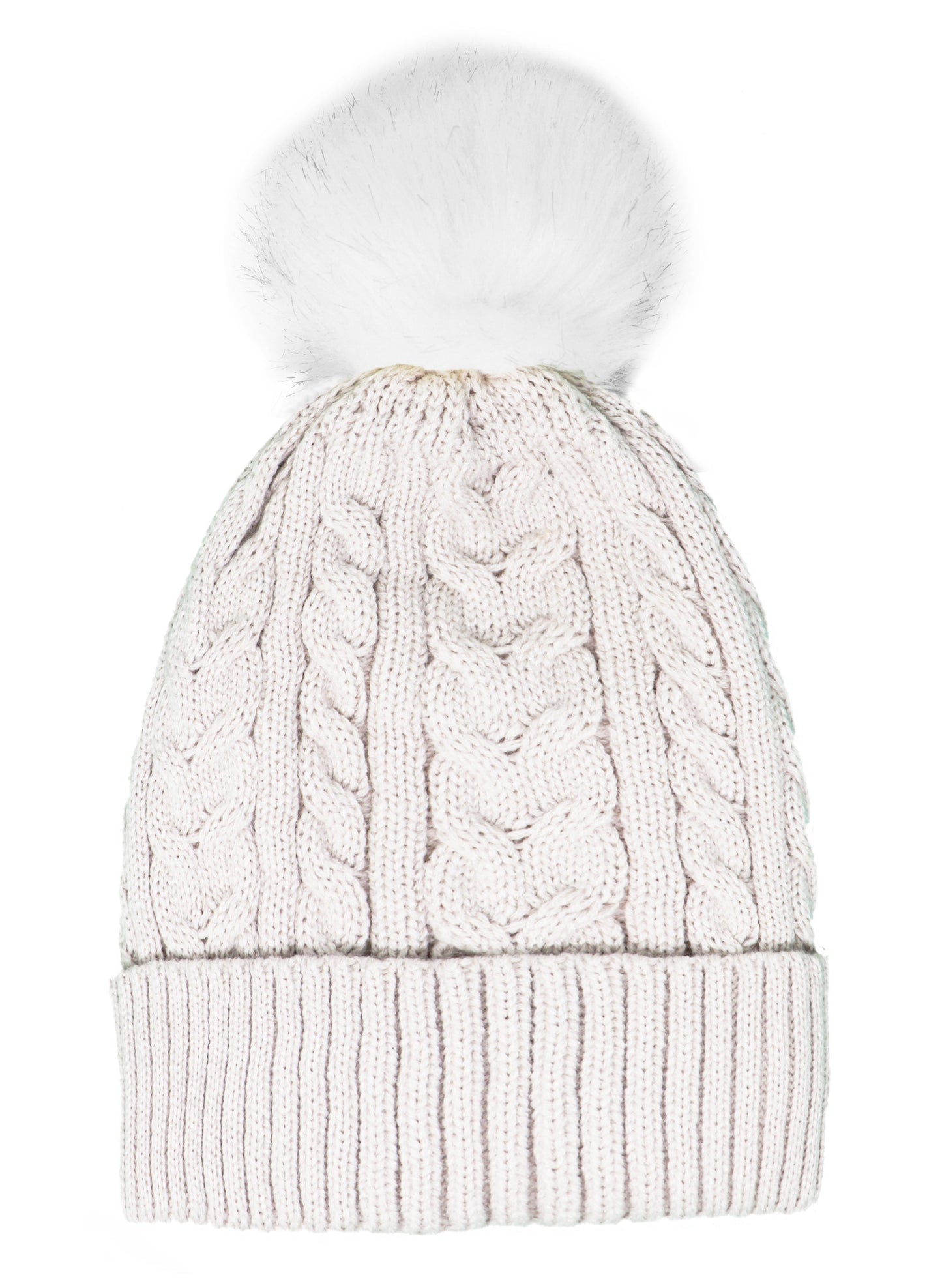 Chapeau Pom Pom tricoté par câble pour adulte avec doublure en fausse fourrure