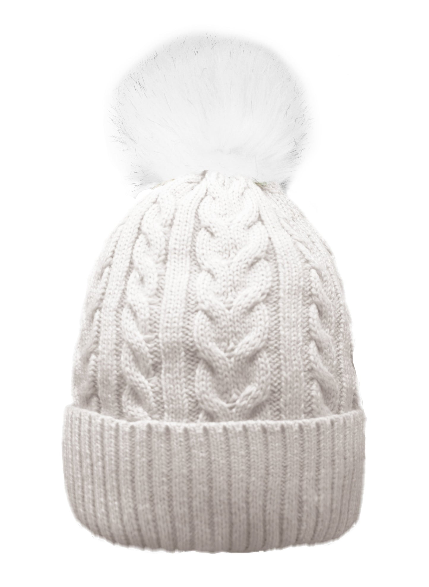 Chapeau Pom Pom tricoté par câble pour adulte avec doublure en fausse fourrure