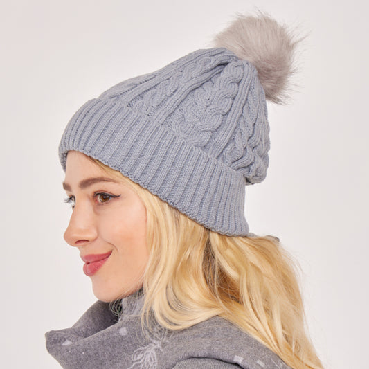 Chapeau Pom Pom tricoté par câble pour adulte avec doublure en fausse fourrure