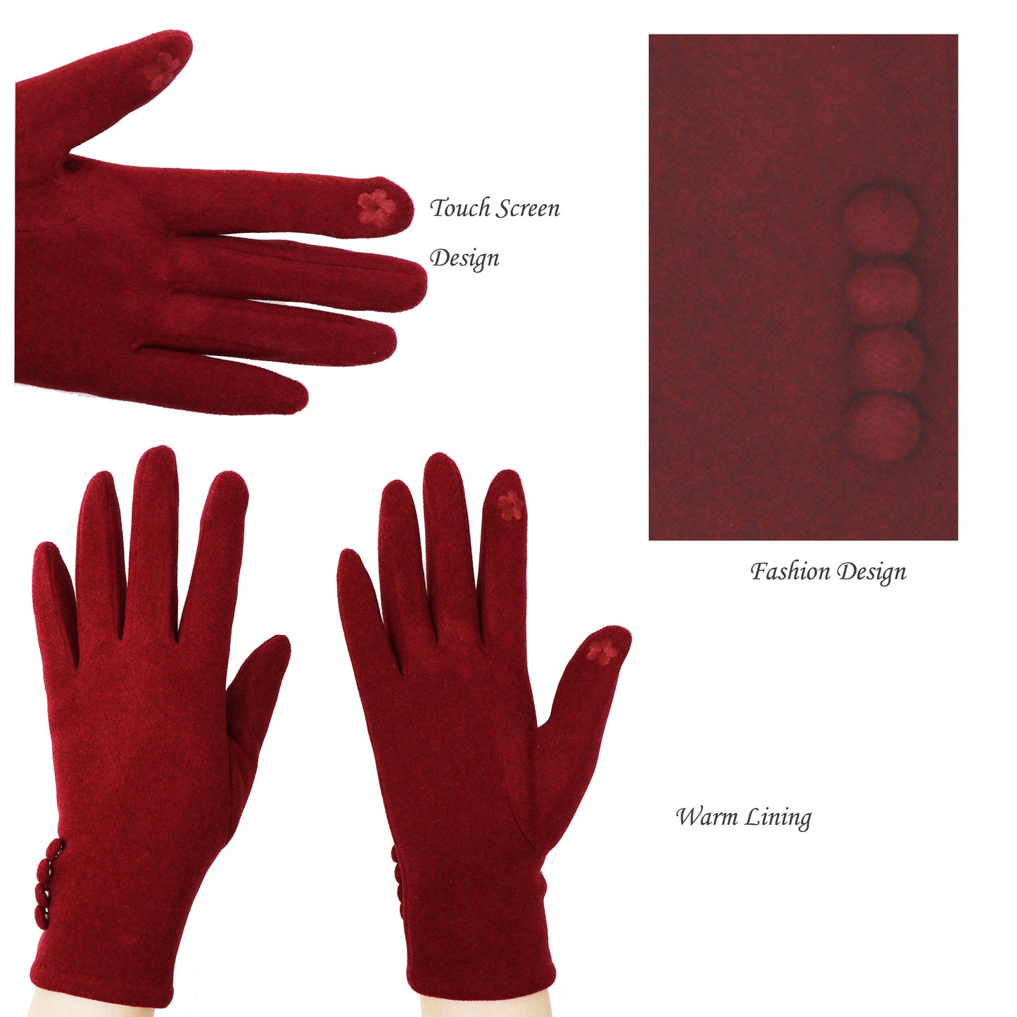 Four Button Touchscreen Plain Colour Gloves