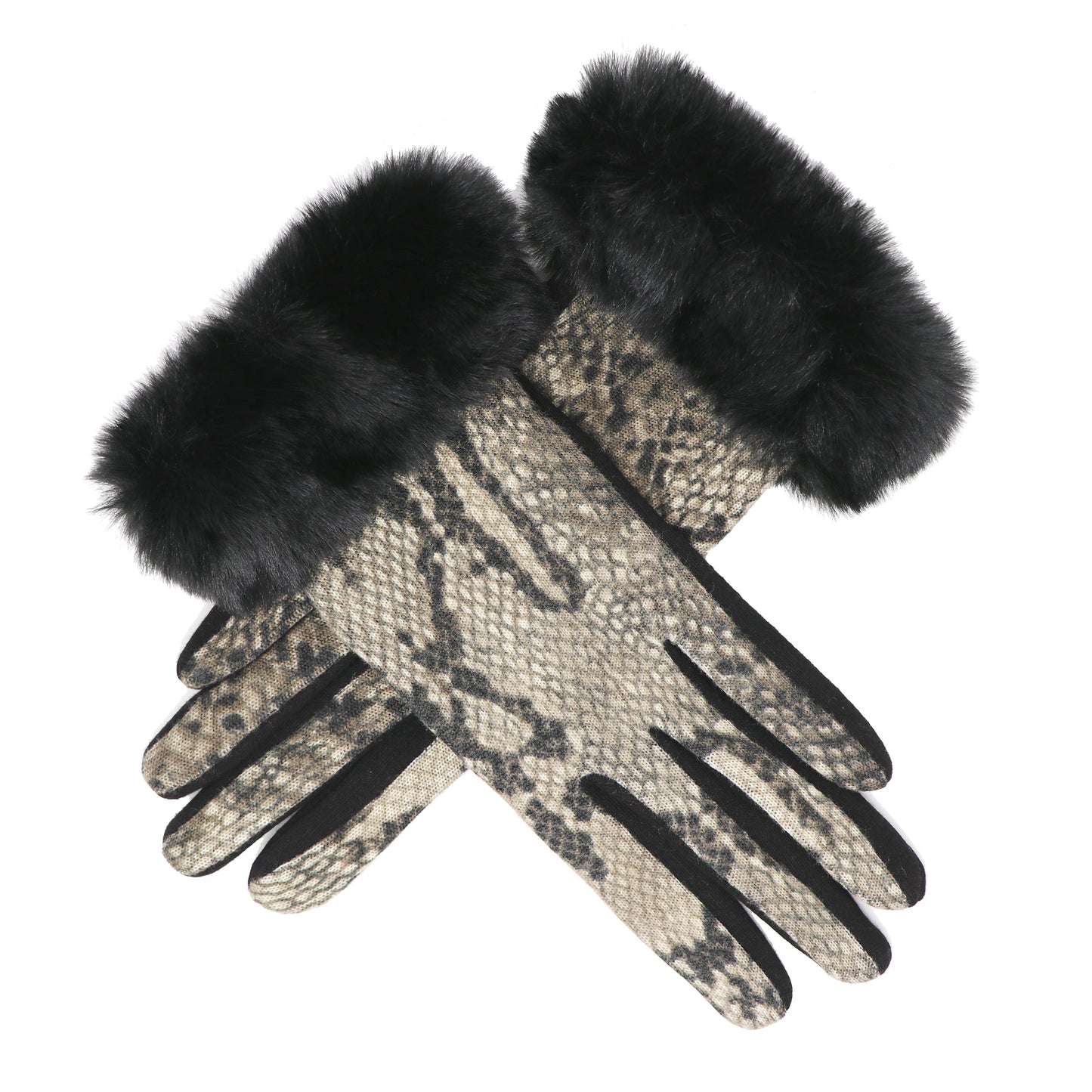 Luxury Faux-Fur Snakeskin Gloves, Touchscreen compatible, One Size