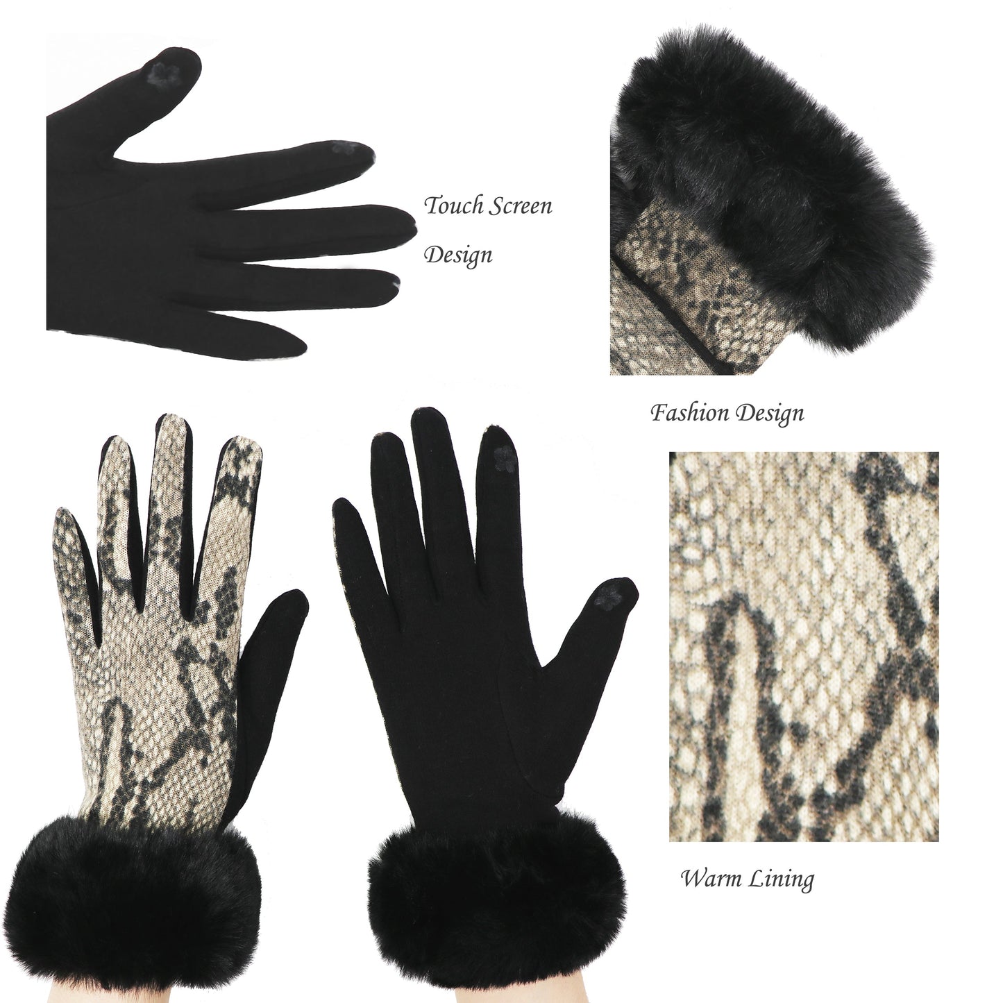 Luxury Faux-Fur Snakeskin Gloves, Touchscreen compatible, One Size