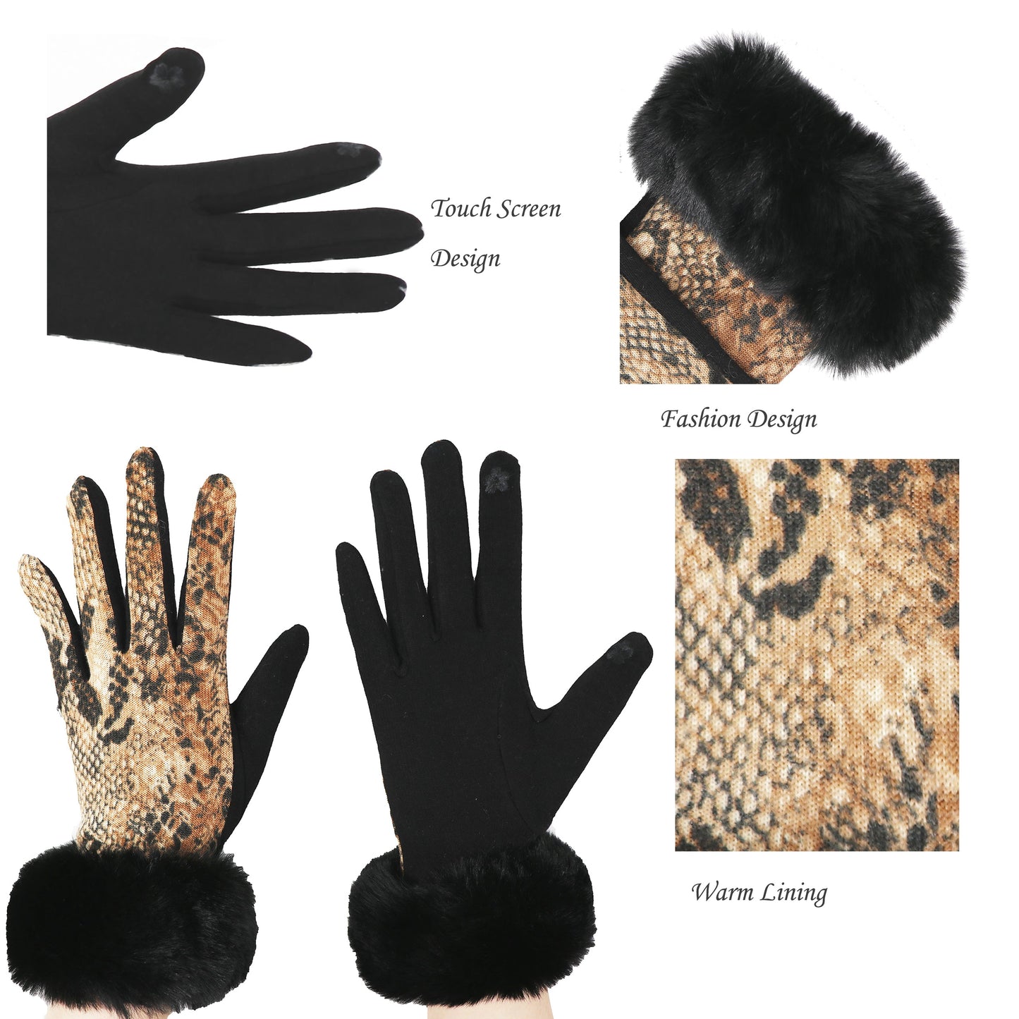 Luxury Faux-Fur Snakeskin Gloves, Touchscreen compatible, One Size