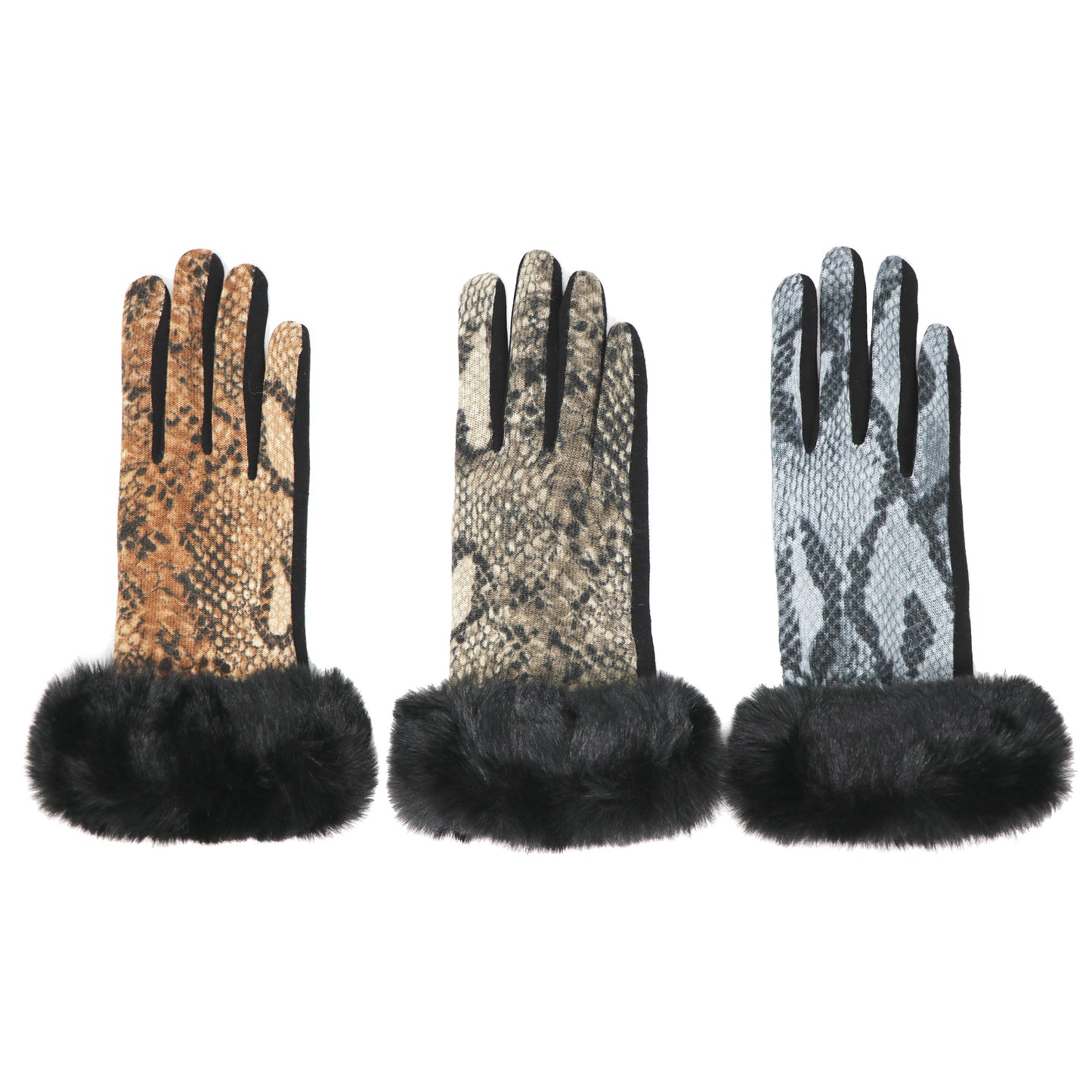 Luxury Faux-Fur Snakeskin Gloves, Touchscreen compatible, One Size