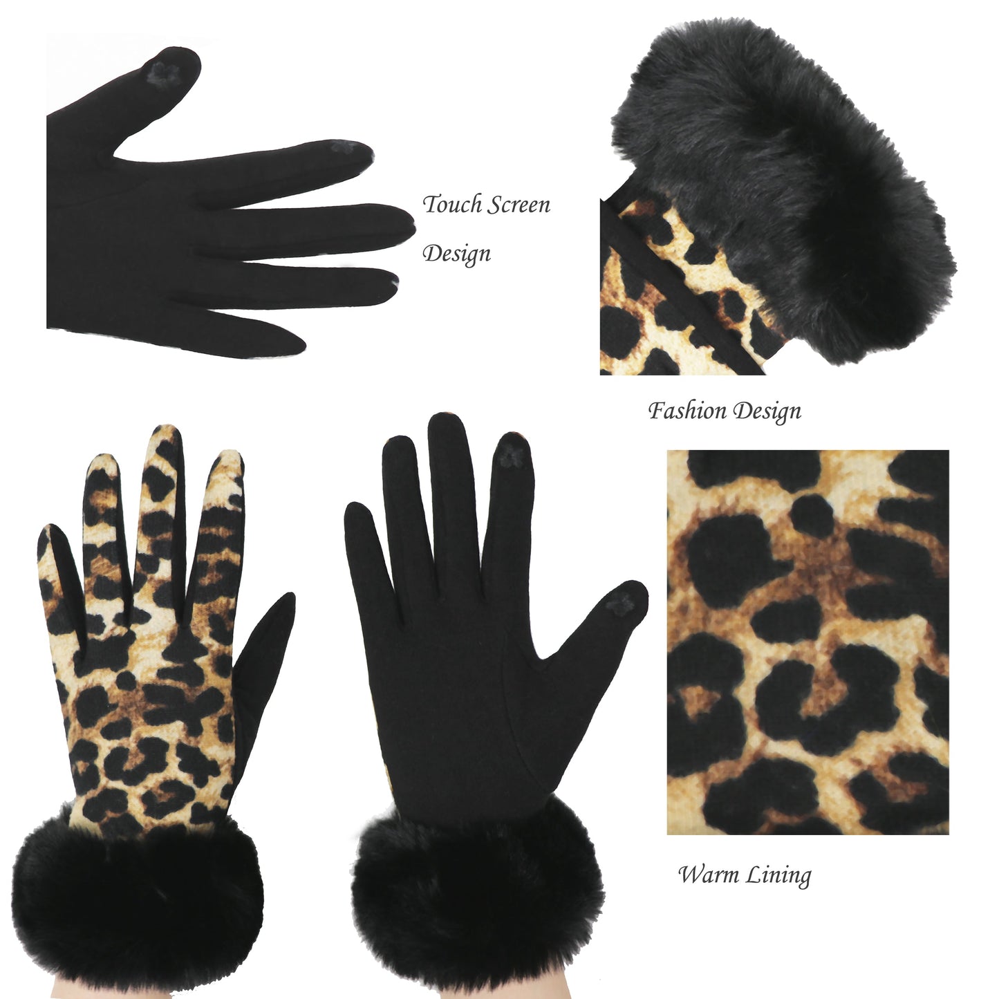 Luxury Faux-Fur Panther Gloves, Touchscreen compatible, One Size