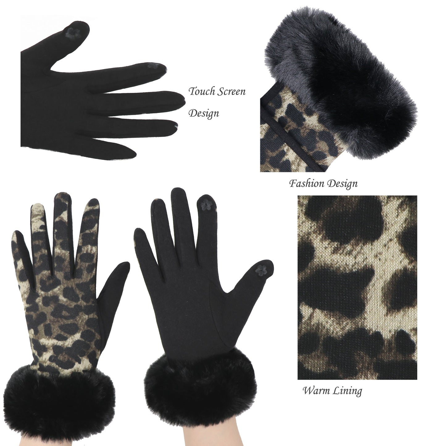 Luxury Faux-Fur Panther Gloves, Touchscreen compatible, One Size