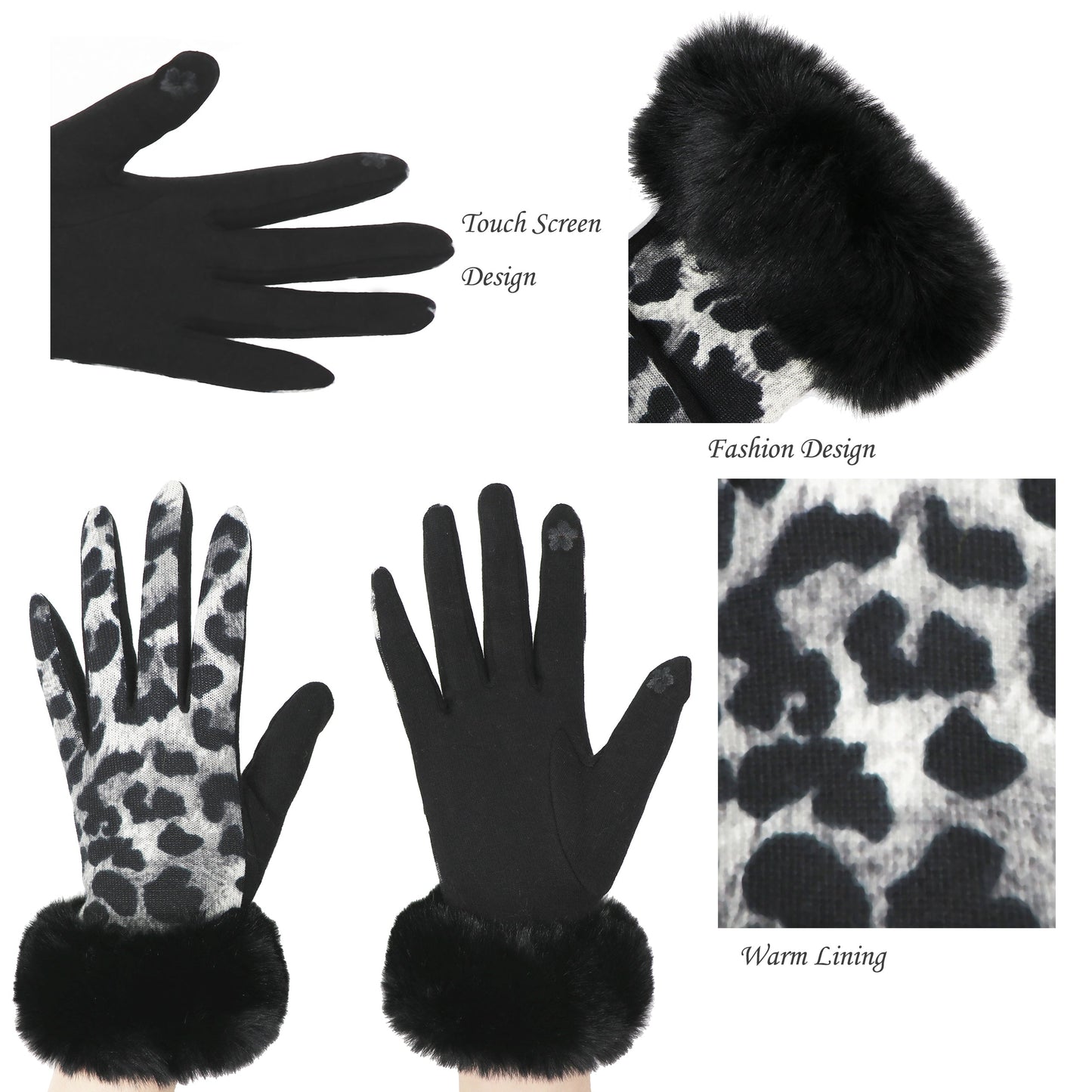 Gants de luxe Panther en fausse fourrure, compatibles avec écran tactile, taille unique