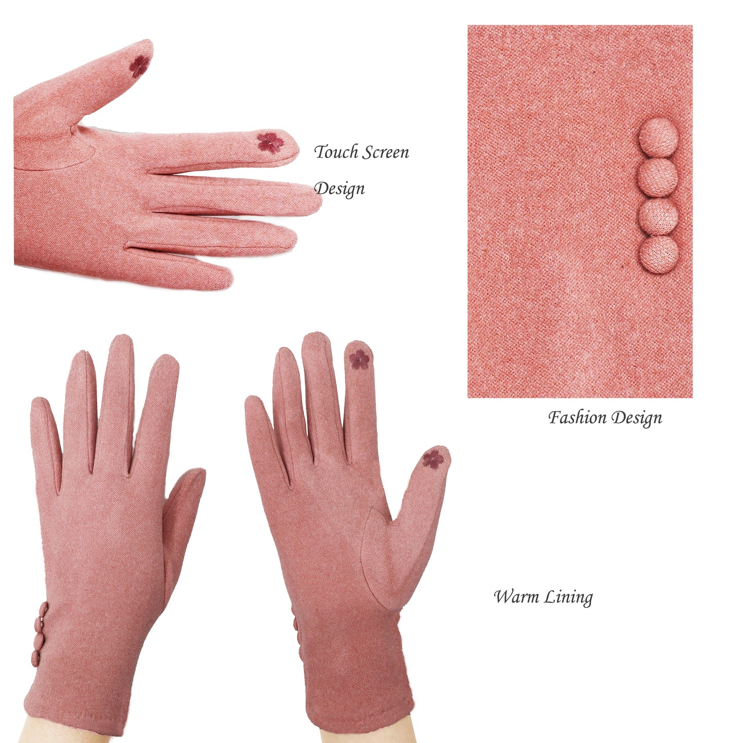 Four Button Touchscreen Plain Colour Gloves